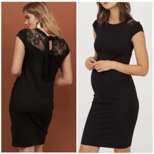 H&M MAMA Maternity Lace Jersey Knit Midi Dress Tie Back Stretch Black Medium